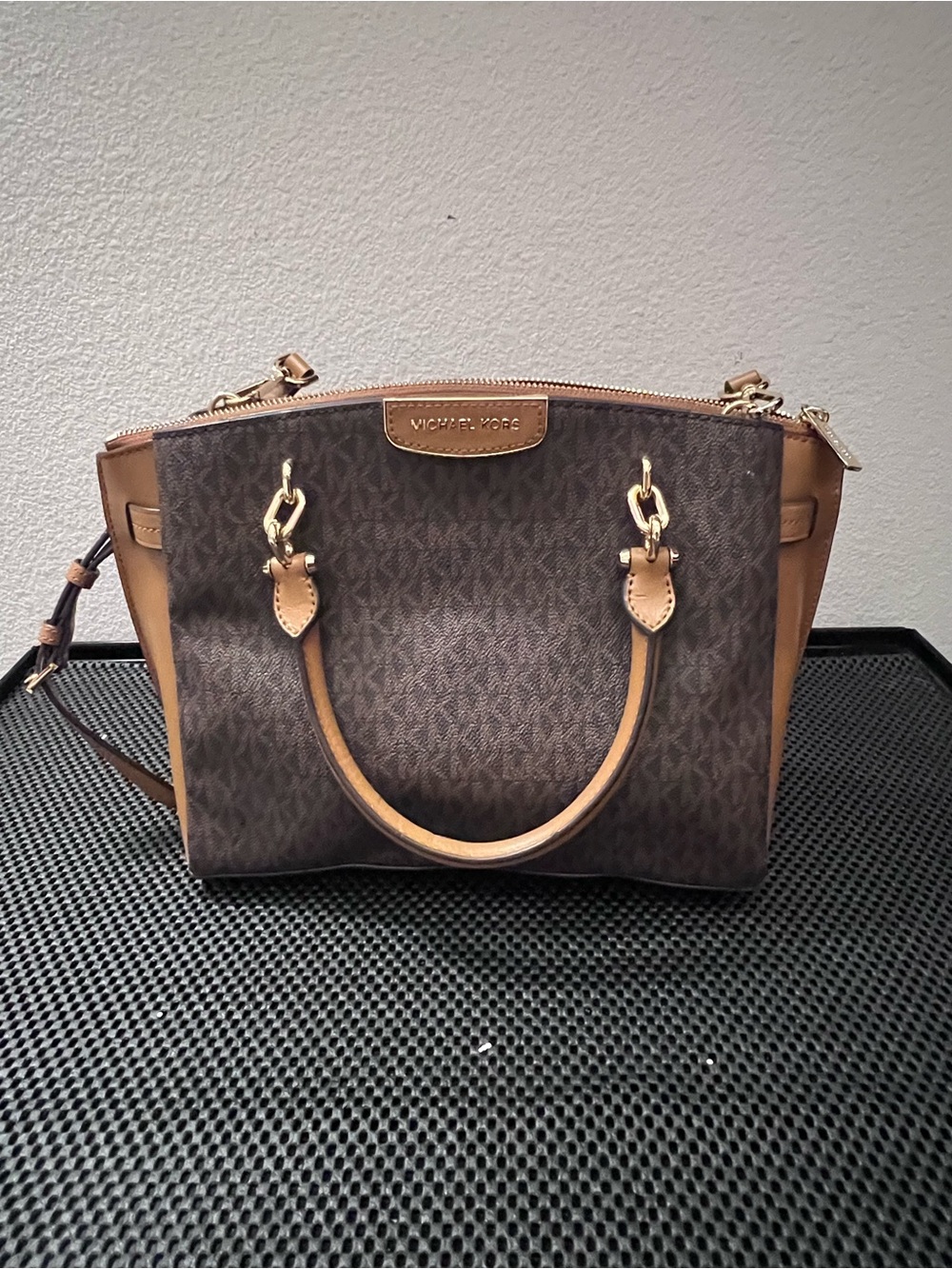 Michael Kors Brown Signature Monogram Satchel with Tan Accents
